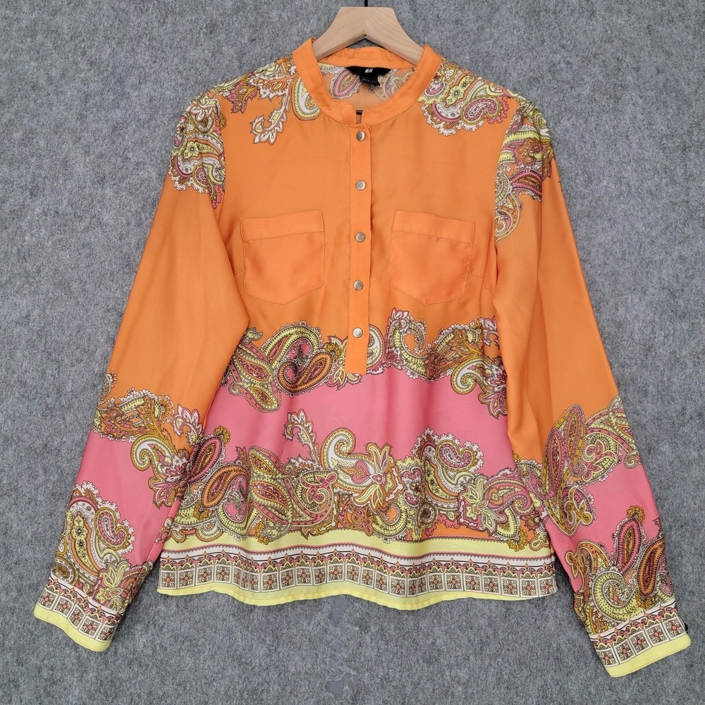 H&M Shirt Womens 10 Orange Pink Paisley Print Mandarin Collar Scarf Shirt Satin